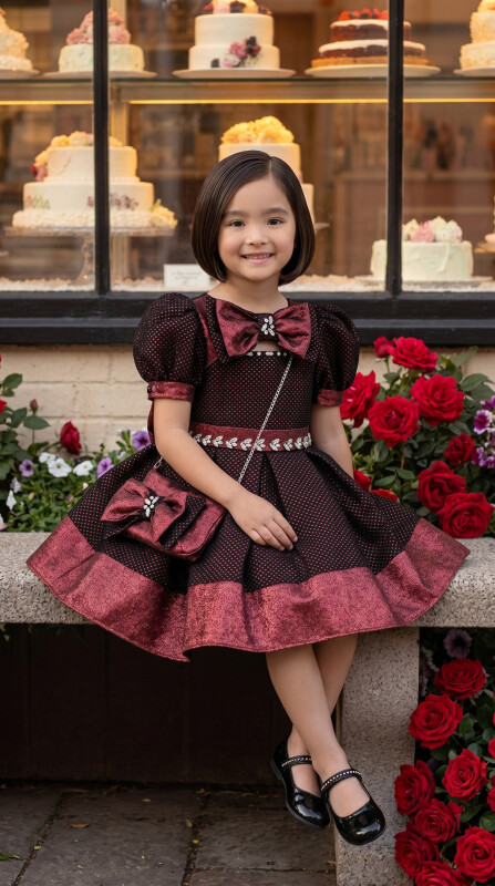 Burgundy Balloon-Sleeved Dress 2-6 AGE 33020PR 