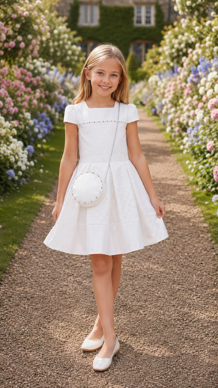 Ecru Square-collar dress for girls 4-8 AGE 33224PR 