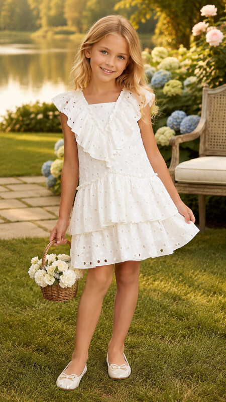 Ecru Girl Frilly Brode Dress 4-8 AGE 324703CA 