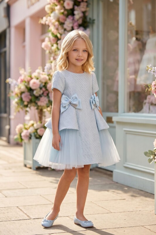 Blue Girls Bow-Detail Dress with Layered Skirt 3-8 AGE 37020PR - Clothes