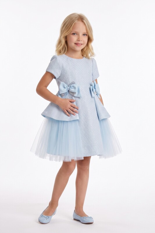 Blue Girls Bow-Detail Dress with Layered Skirt 3-8 AGE 37020PR - Clothes (1)