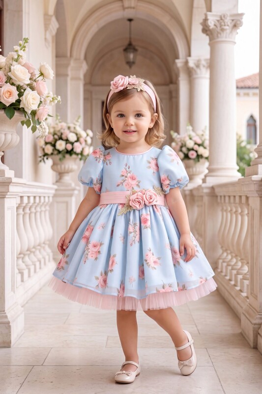Blue Baby Floral Print Dress with Headband 6-36 MONTH 37142PR - Clothes