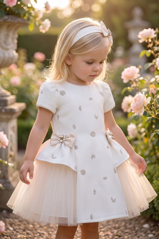 Beige Baby Bow-Detail Layered Dress with Headband 6-36 MONTH 37167PR - Clothes