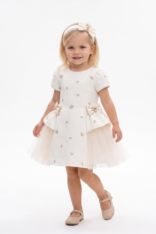 Beige Baby Bow-Detail Layered Dress with Headband 6-36 MONTH 37167PR - Clothes (1)