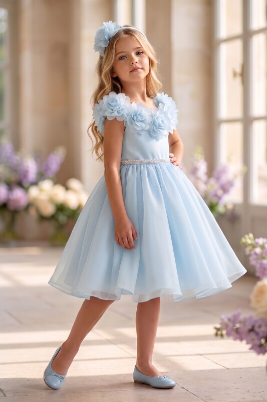 Blue Girls Floral-Neck Party Dress with Headband 3-8 AGE 37269PR - Clothes