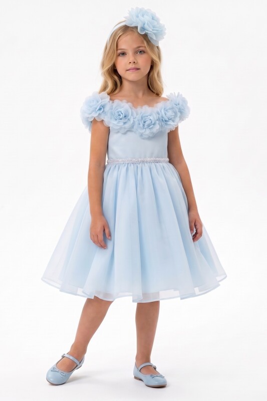 Blue Girls Floral-Neck Party Dress with Headband 3-8 AGE 37269PR - Clothes (1)