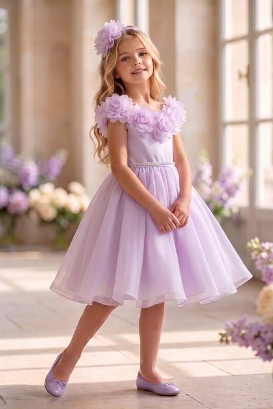 Lilac Girls Floral-Neck Party Dress with Headband 3-8 AGE 37269PR - Clothes