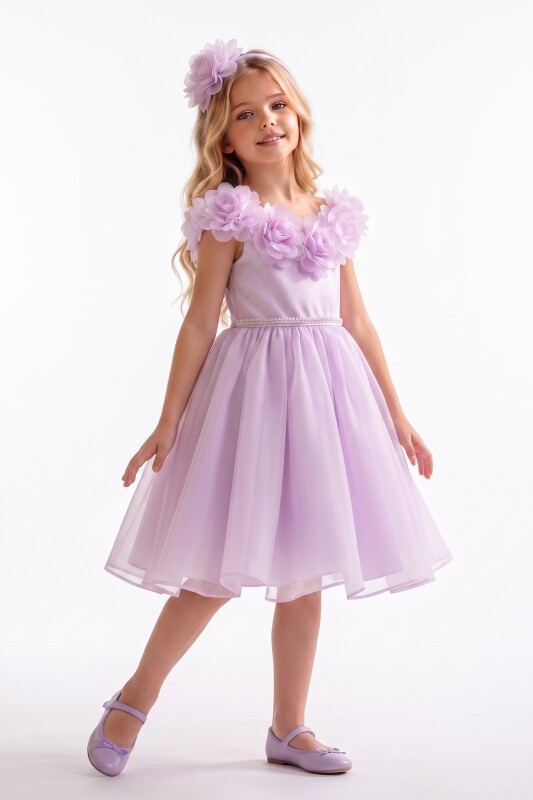 Lilac Girls Floral-Neck Party Dress with Headband 3-8 AGE 37269PR - Clothes (1)