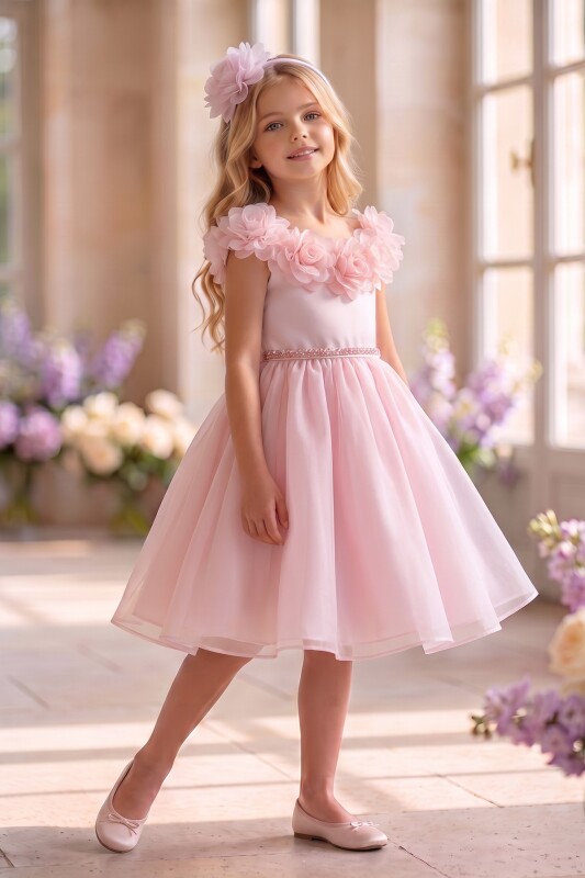 Powder Girls Floral-Neck Party Dress with Headband 3-8 AGE 37269PR - Clothes