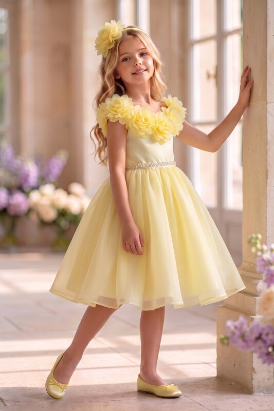 Yellow Girls Floral-Neck Party Dress with Headband 3-8 AGE 37269PR - Clothes