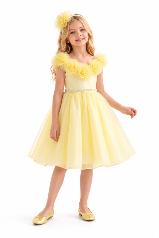 Yellow Girls Floral-Neck Party Dress with Headband 3-8 AGE 37269PR - Clothes (1)