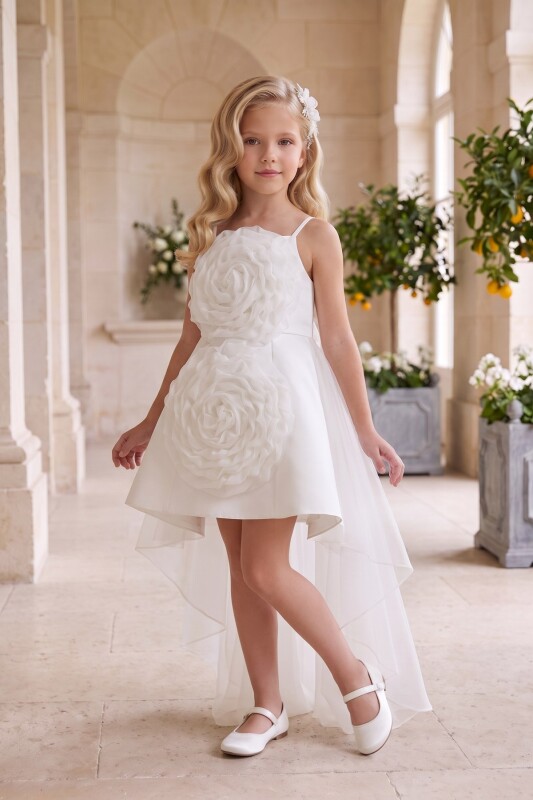 Ecru Girls Rosette Dress with Detachable Train 3-8 AGE 37274PR - Clothes