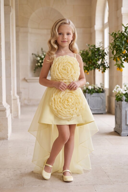 Yellow Girls Rosette Dress with Detachable Train 3-8 AGE 37274PR - Clothes