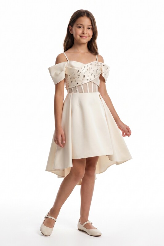 Beige Girls Embellished Off-Shoulder High-Low Dress 9-14 AGE 37275PR - Clothes (1)