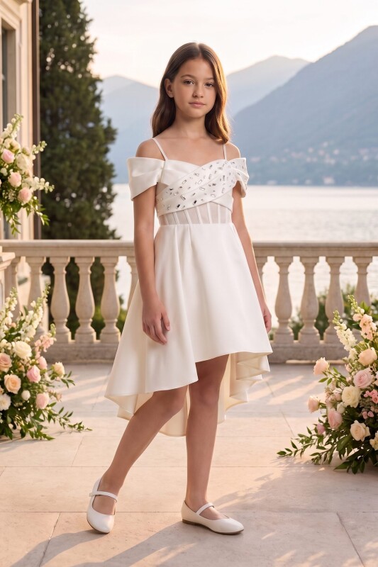 Ecru Girls Embellished Off-Shoulder High-Low Dress 9-14 AGE 37275PR - Clothes