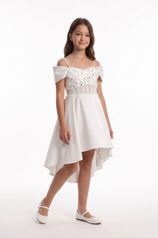 Ecru Girls Embellished Off-Shoulder High-Low Dress 9-14 AGE 37275PR - Clothes (1)