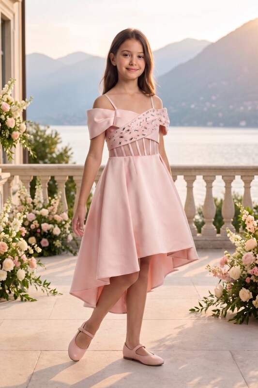 Powder Girls Embellished Off-Shoulder High-Low Dress 9-14 AGE 37275PR - Clothes
