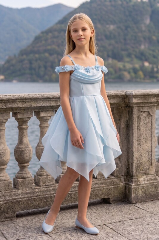 Blue Girls Floral Off-Shoulder Layered Dress 9-14 AGE 37308PR - Clothes