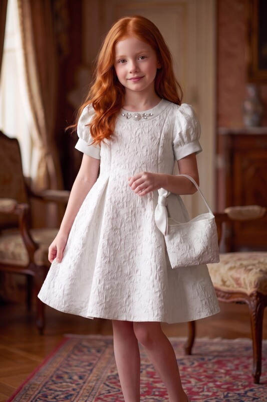 Ecru Girls Textured Puff-Sleeve Dress with Bag 3-8 AGE 37334PR - Clothes