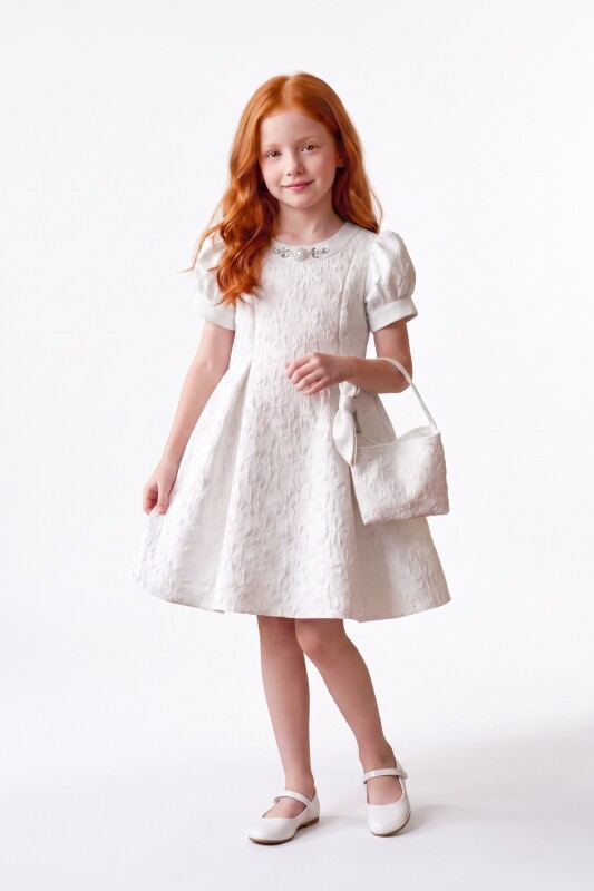 Ecru Girls Textured Puff-Sleeve Dress with Bag 3-8 AGE 37334PR - Clothes (1)