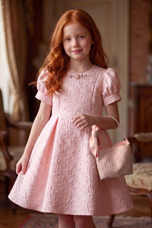 Powder Girls Textured Puff-Sleeve Dress with Bag 3-8 AGE 37334PR - Clothes