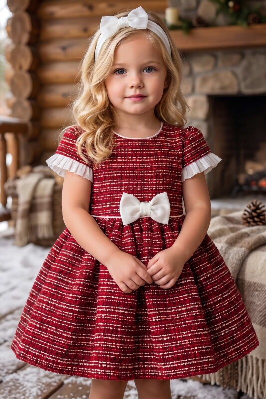 Red Baby Textured Bow-Waist Dress with Headband 6-36 MONTH 37388PR - Clothes
