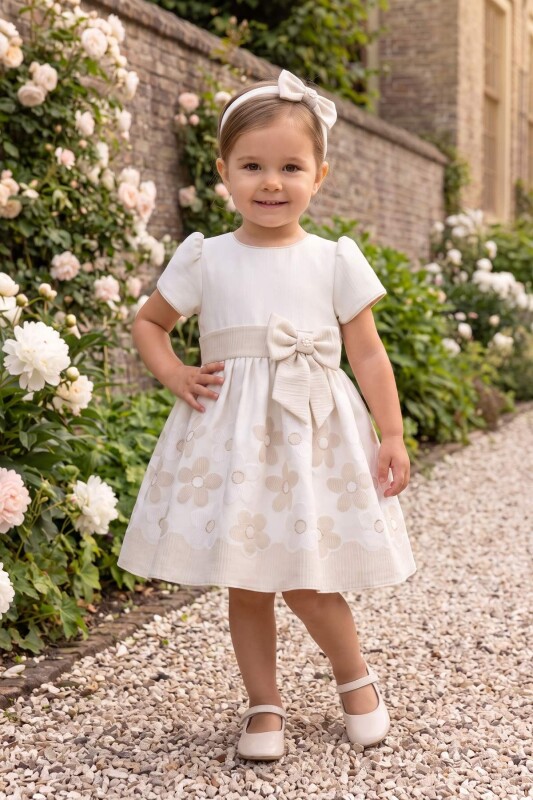 Beige Baby Floral Skirt Bow-Waist Dress with Headband 6-36 MONTH 37412PR - Clothes