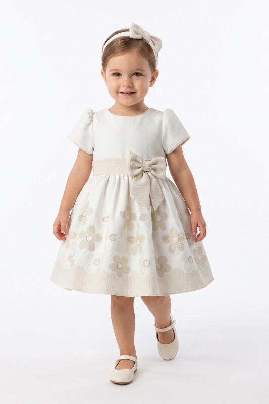 Beige Baby Floral Skirt Bow-Waist Dress with Headband 6-36 MONTH 37412PR - Clothes (1)