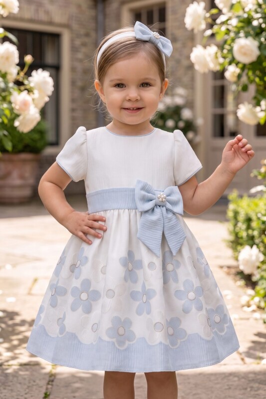 Blue Baby Floral Skirt Bow-Waist Dress with Headband 6-36 MONTH 37412PR - Clothes