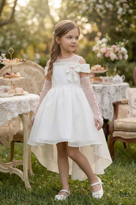 Ecru Girls Bow-Front High-Low Dress with Gloves 3-8 AGE 37445PR - Clothes