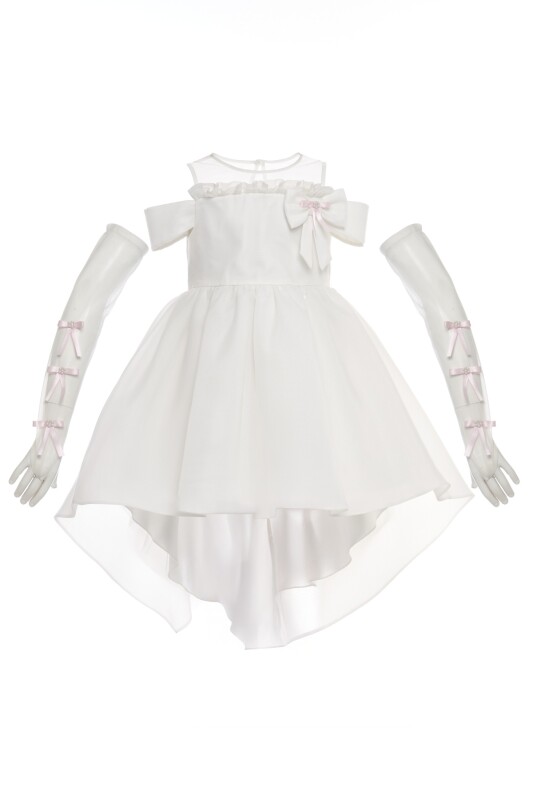 Ecru Girls Bow-Front High-Low Dress with Gloves 3-8 AGE 37445PR - Clothes (1)