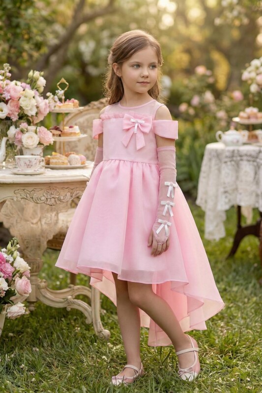 Pink Girls Bow-Front High-Low Dress with Gloves 3-8 AGE 37445PR - Clothes
