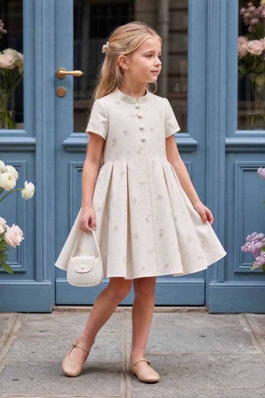Beige Girls Button-Front Party Dress with Bag 3-8 AGE 37494PR - Clothes
