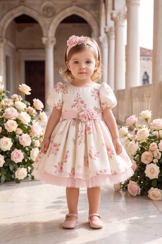 Beige Baby Floral Print Dress with Headband 6-36 MONTH 37142PR - Clothes