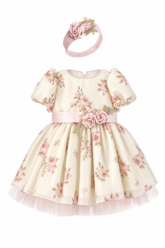 Beige Baby Floral Print Dress with Headband 6-36 MONTH 37142PR - Clothes (1)